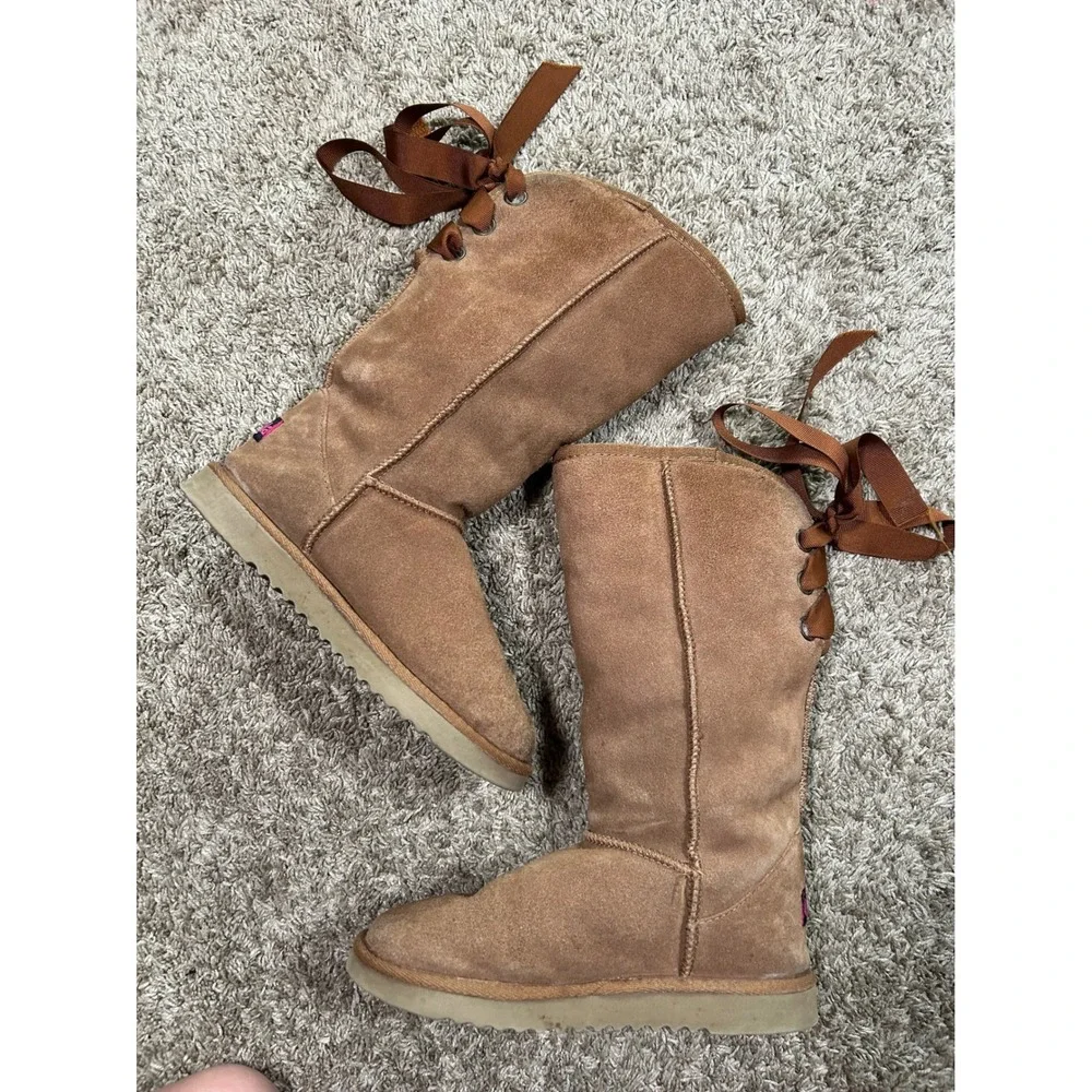Tan Suede Merino Wool Ribbon Back Boots 6 Y2K 2000s Apres Ski Boho Coquette